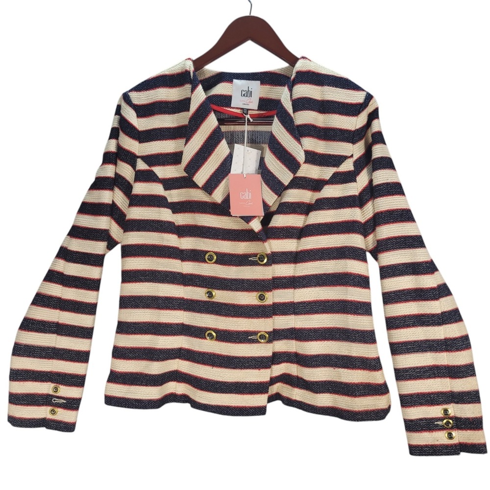 Cabi New NWT‎ Neighbor Cardigan Cable Knit Size 10 Tan Blue Stripe Org 129$